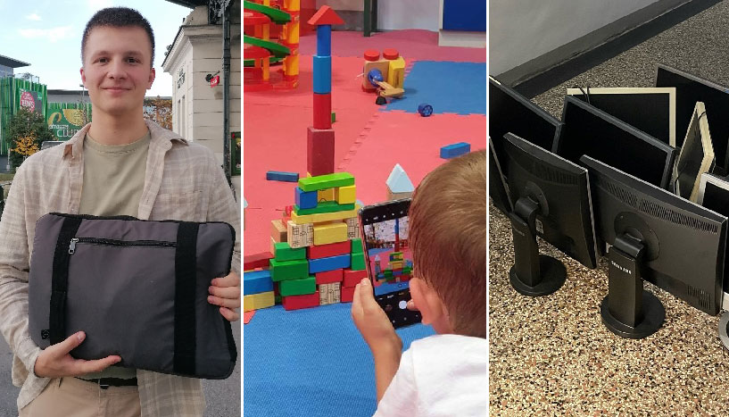Collage: Jugendlicher mit Laptop, Kind fotografiert Turm aus Bausteinen, Bildschirme der Sammelaktion